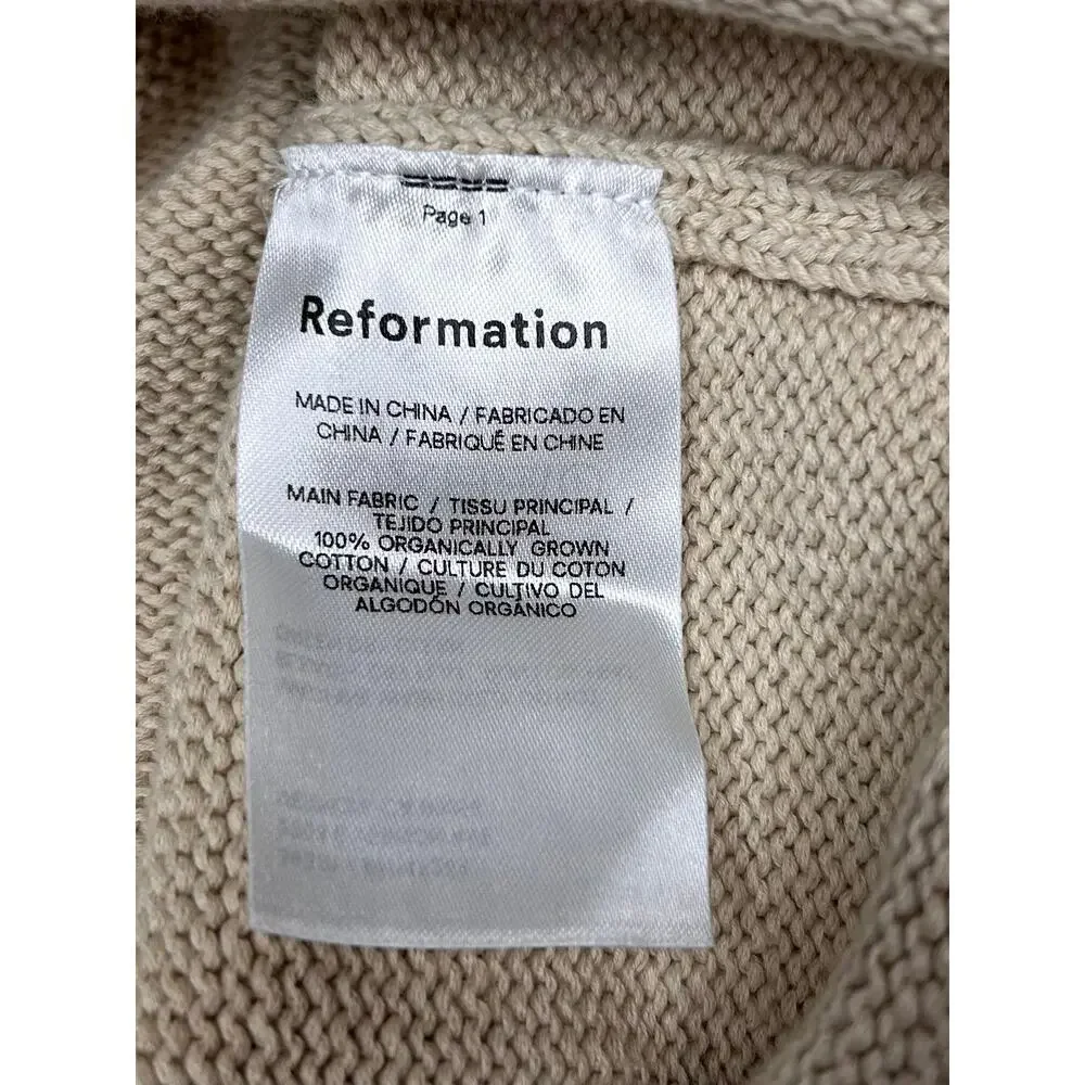 Reformation V Neck Sweater XL Beige Bell Sleeve Rolled Hem Neutral Cotton